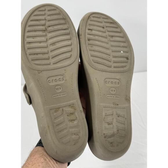 Crocs Beige Dual Strap Slide Sandals Unisex Logo Slip On W9 - Picture 5 of 6